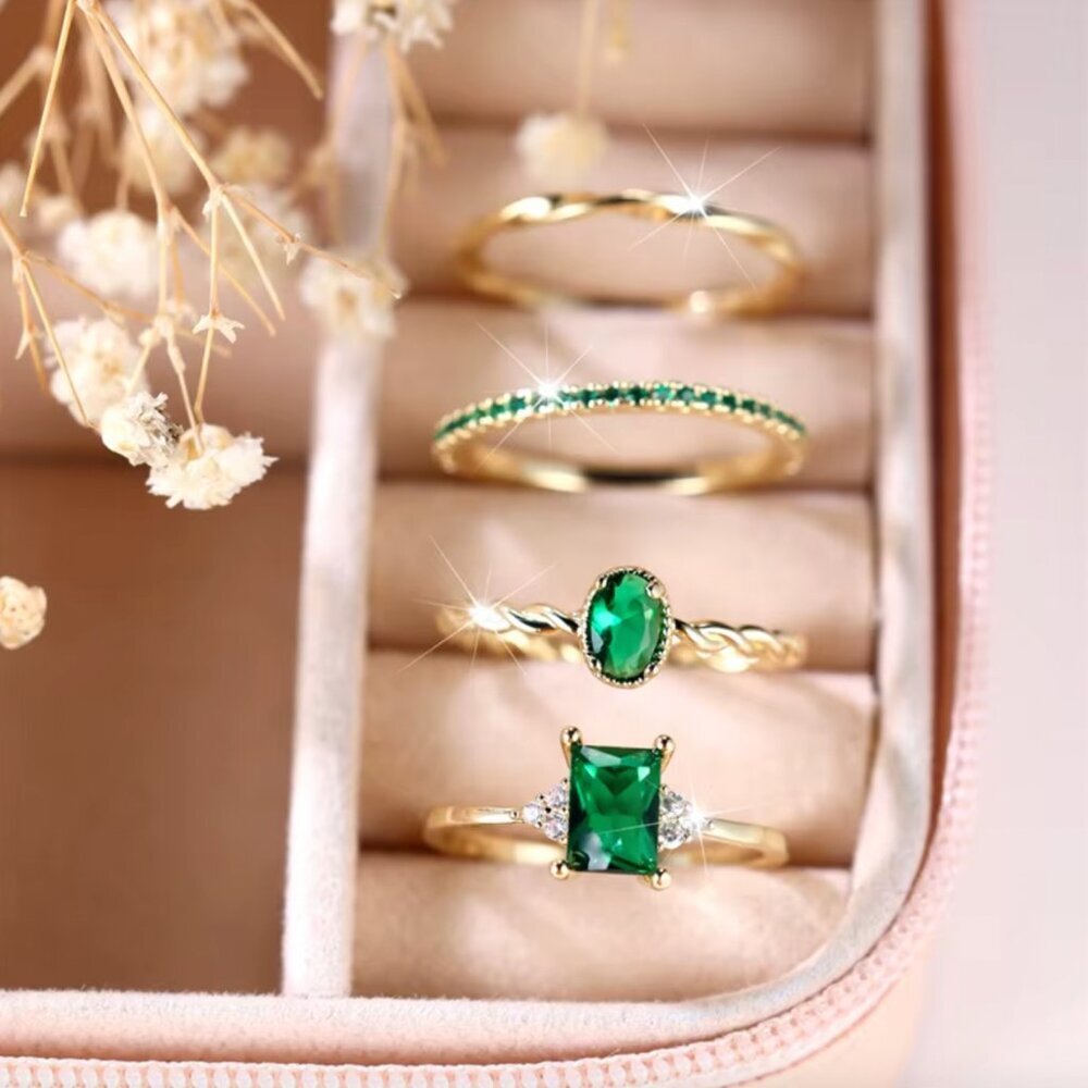 NEW 14k Yellow Gold Emerald Dainty Ring Set Diamond Ring Band
